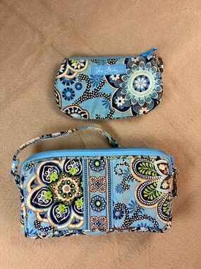 Vera Bradley Retired Blue Paisley Floral Crossbody Wallet & Zip ID Case Lot of 2